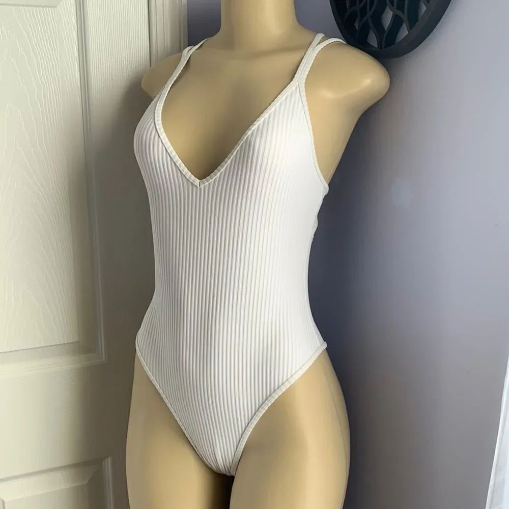 Designer low cut Sexy plunge Ribbed Swimsuit Swimwear White